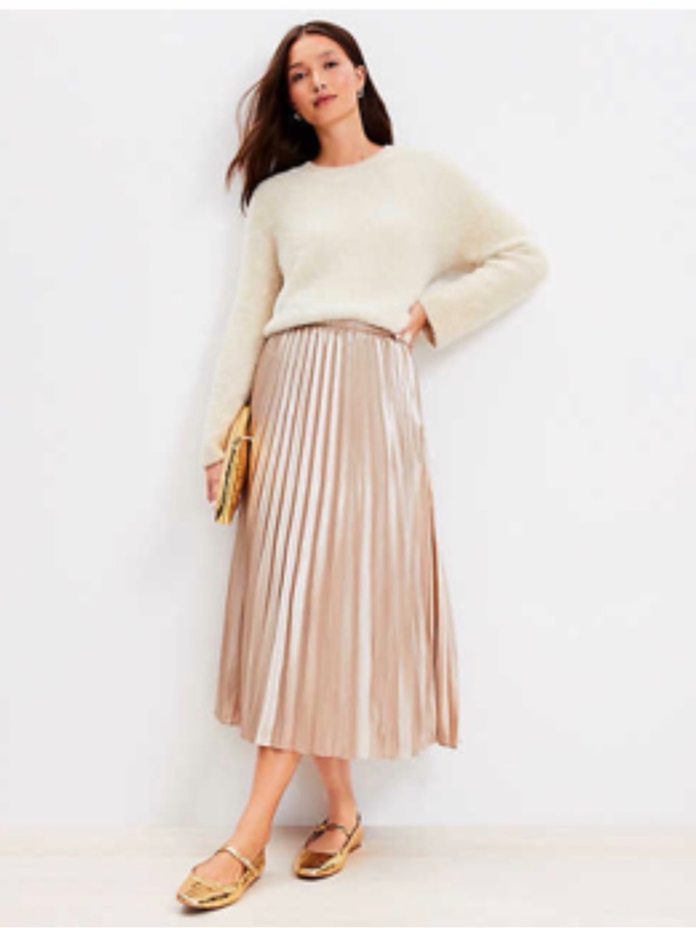 LOFT Metallic Pleated Midi Skirt in Champagne Gold 4 like new